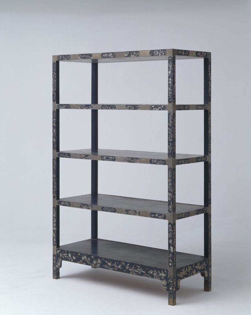 图片[1]-Kangxi style black lacquer inlaid with soft mother-of-pearl and gold and silver pieces, landscape flower pattern bookshelf-China Archive